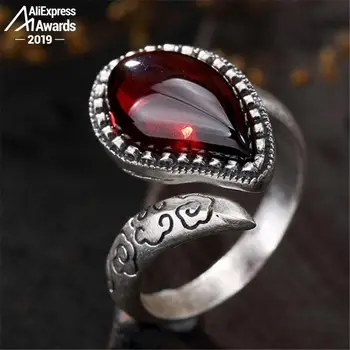 

S925 Fine Antique shop Ruby Rings Waterdrop Teardrop Clouds Vintage Natural Carnelian Retro Ruby red jasper Agate