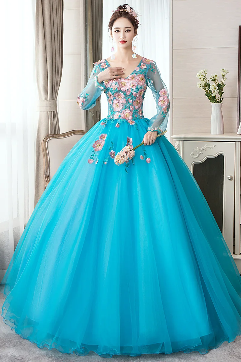 Trajes De Quinceaneras Новое Розовое Пышное Платье с v-образным вырезом и длинным рукавом, кружевное платье с цветочным рисунком размера плюс, кружевное платье на заказ для выпускного вечера
