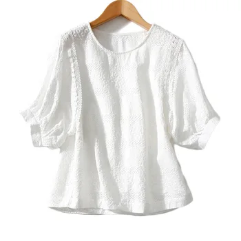 

Women Shirt Spring / Summer 2020 Shirt Women Casual Pullover Shirt Loose Round Neck Embroidered Short-sleeved White Shirt Top