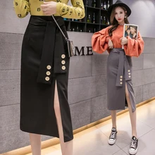 Осень-зима, сексуальные женские юбки для похудения, высокая талия, с поясом, нижняя Женская длинная юбка с разрезом, эстетичная Женская юбка с разрезом