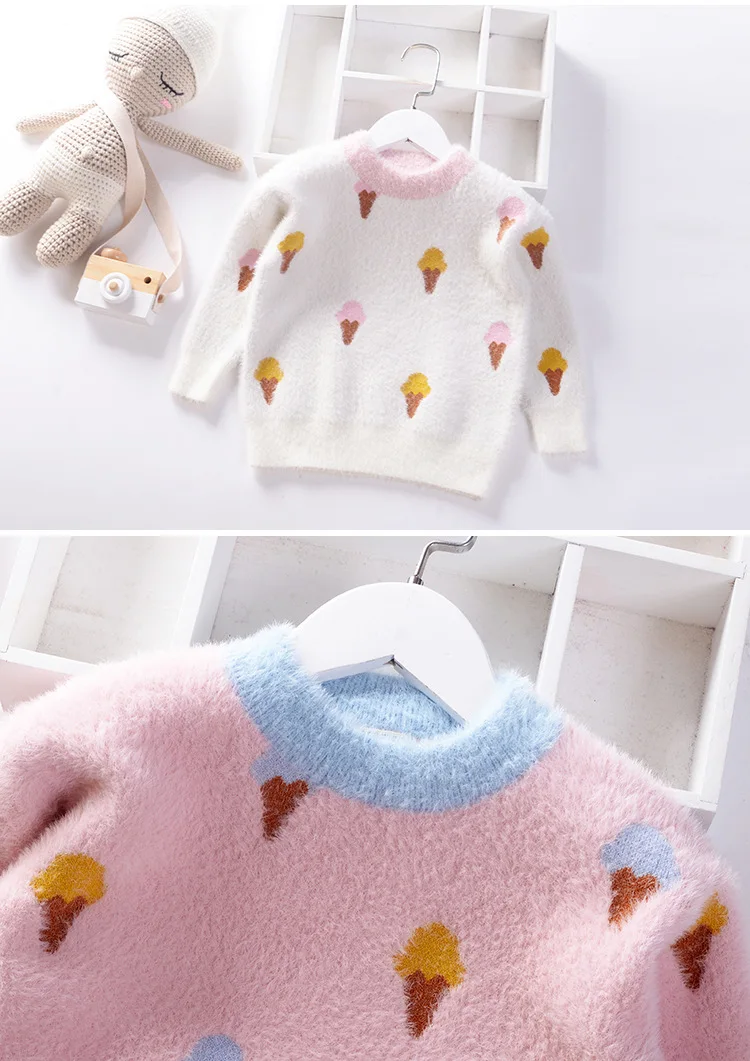 Новинка года; сезон осень-зима; детские свитера; бархатный свитер для девочек; теплая детская одежда с рисунком арбуза и фламинго; мороженое
