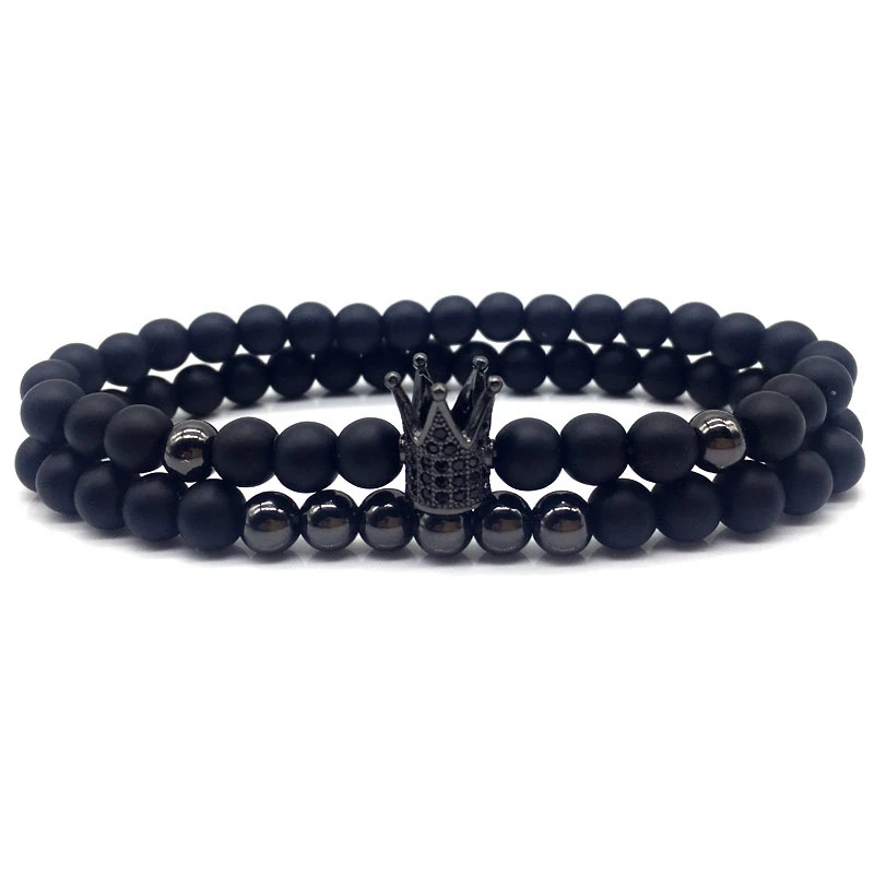 2pcs/set Crown Charm Bracelet Men Women Fashion New 6mm Stone Bead Bracelet Set For Men Women Jewelry Gift