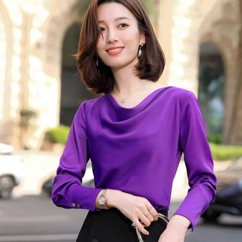 Blusa morada de manga larga para primavera y otoño, camisa elegante para mujer, ropa de oficina|Blusas y camisas| -