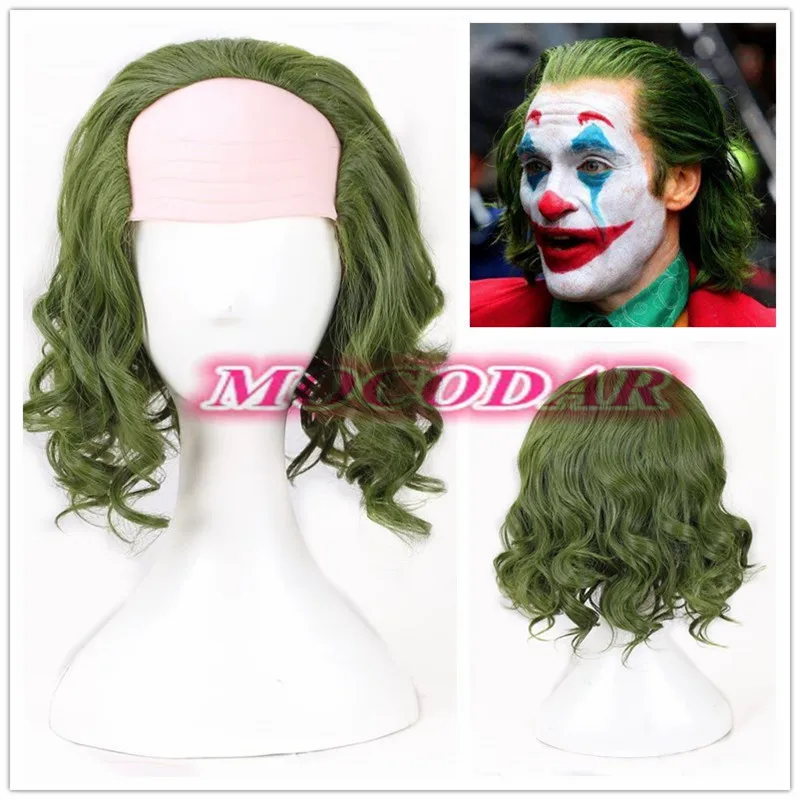Джокер происхождения фильм жуткий, пугающий одежда для клоуна парик косплей Joaquin Феникс Arthur Fleck вьющиеся зеленые синтетические волосы Хэллоуин