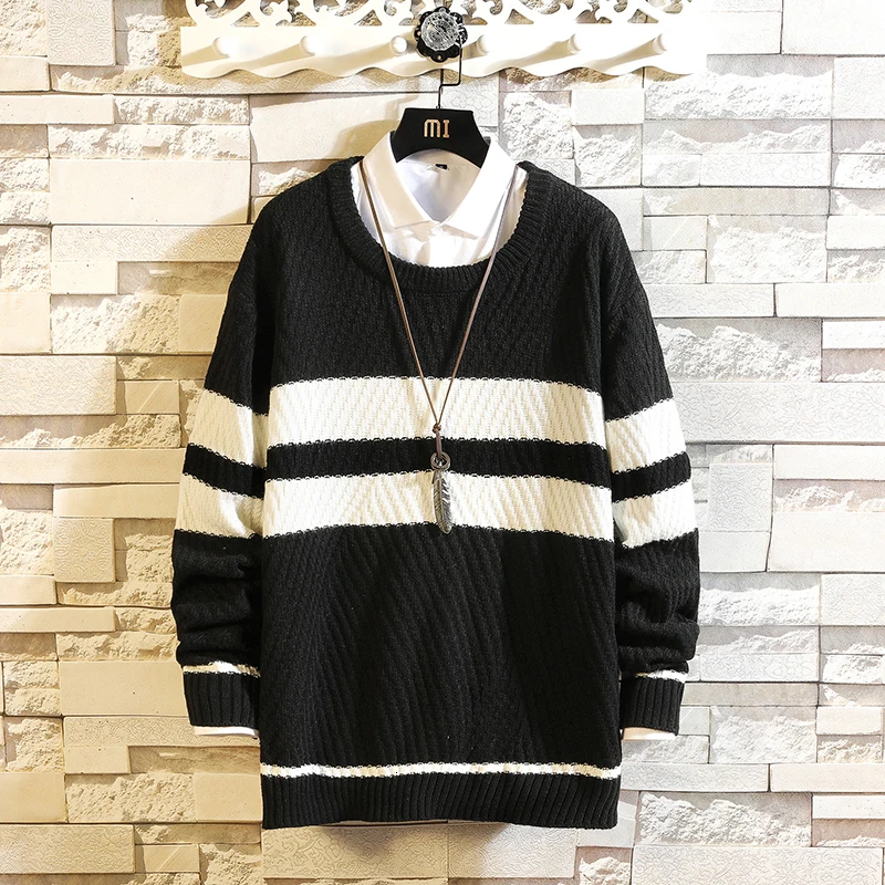 Winter Sweater Men Warm Fashion Contrast Color Casual Knit Sweater Clothes Man Streetwear Loose Long-sleeved Pullover Men M-4XL