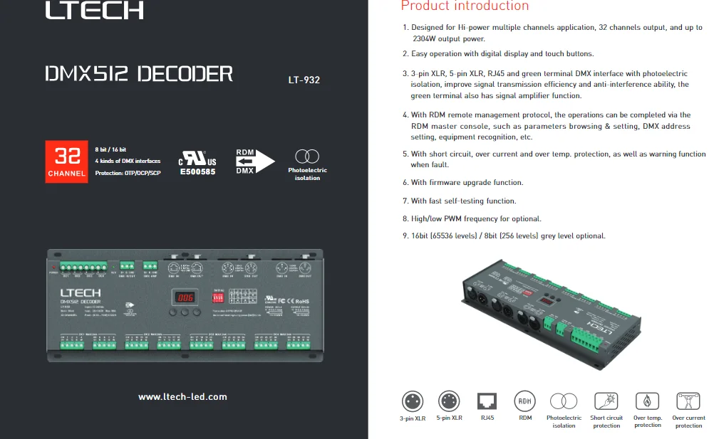 32CH DMX-PWM декодер; RGB/RGBW декодер 32 канала DMX DecoderDC12-24V вход; 3A* 32CH XLR-3/RJ45 Зеленый терминал