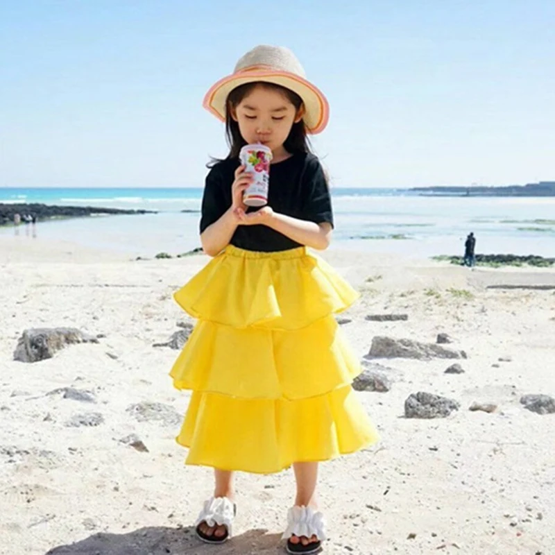 

Girls Cute Suits Children Clothing New 2019 Summer Round Neck Back Bow Short Sleeve T-shirt Tops Layered Skirt 2pcs Clothes Sets