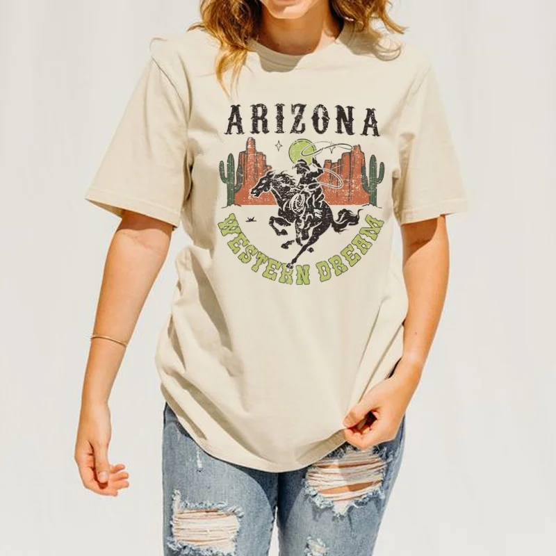 

Arizona Cowboy Horse Rodeo Print Vintage T-Shirt Women Hipsters Boho Style Country Cowgirl Tee Shirt 70s Retro Tops Western Clot