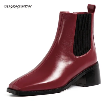 

Retro Red Spring Autumn New Square Toe Thick Mid Heel Fashion All-match Chelsea Short Boots Zipper Black Genuine Leather Shoes
