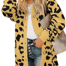 Уникальный натуральный женский леопардовый кардиган, свитер с открытым передом, теплый длинный рукав, свободное вязаное пальто с карманами