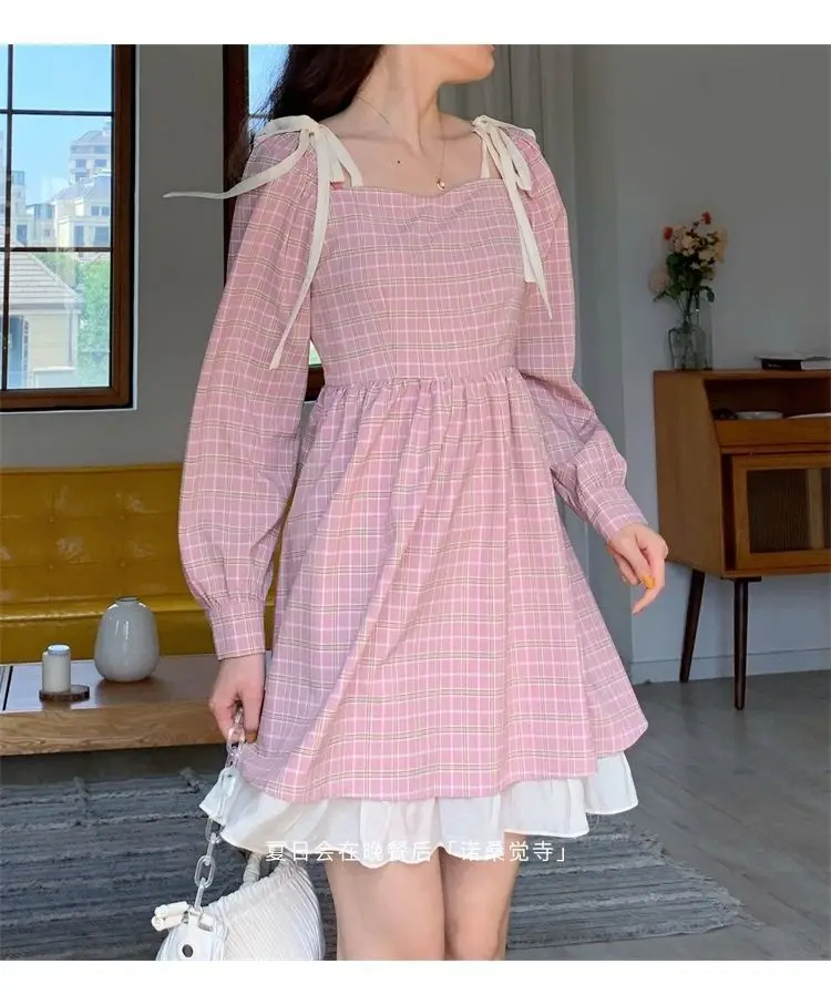 Plaid Mini Dresses Women Draped Lace-up Spring Pink Korean Style Cute Retro Square Collar Picnic Vestido Feminino Holiday Slim long sleeve dress