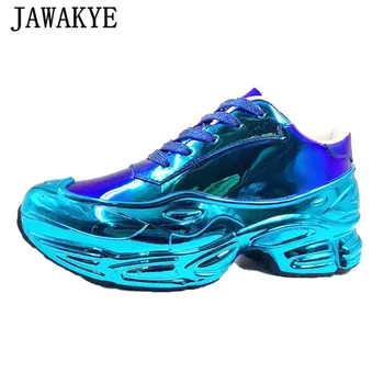 

Fluid Metallic Gloss Platform Shoes Women Hot Selling Real Leather Sneakers for Women Thick Bottom Lace Up Casual Shoes Woman
