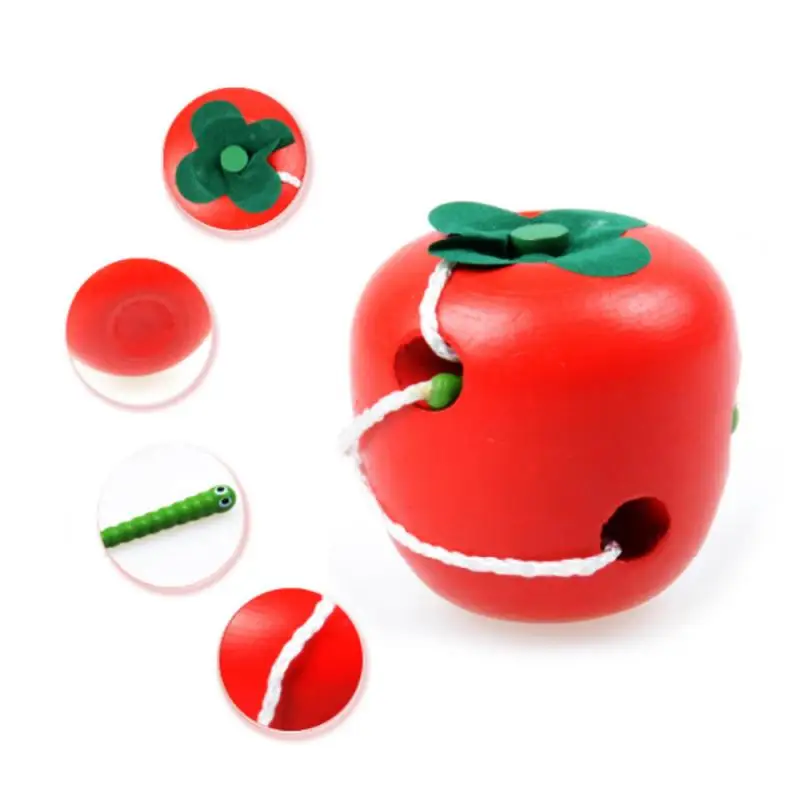 

Wooden Toys Cartoon Animals Fruit Insects Bugs Eat Apples Stringing Threading Game Education Toy For Baby Kids Children Toddler