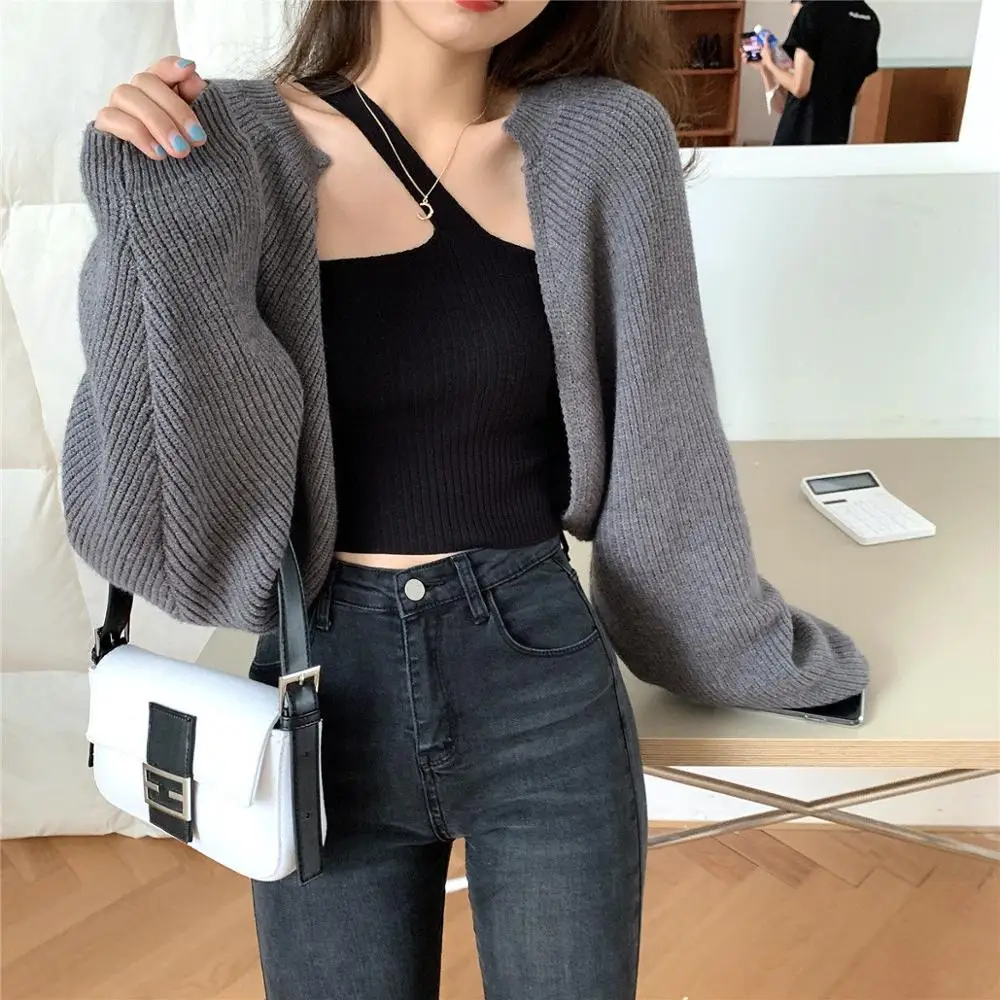 

Spring Autumn Casual Short Knitted Cardigan Women Vintage Solid Lantern Sleeve Cropped Cardigans Woman Fashion New Jacket