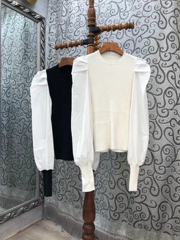 

2020 Early Autumn New Women's round Neck Multi-Color Sleeve Stitching Knitted Decorative Long Sleeve All-match Shirt 825