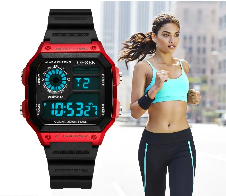 Топ OHSEN модные цифровые lcd женские спортивные наручные часы reloj mujer красные модные водонепроницаемые часы с резиновым ремешком
