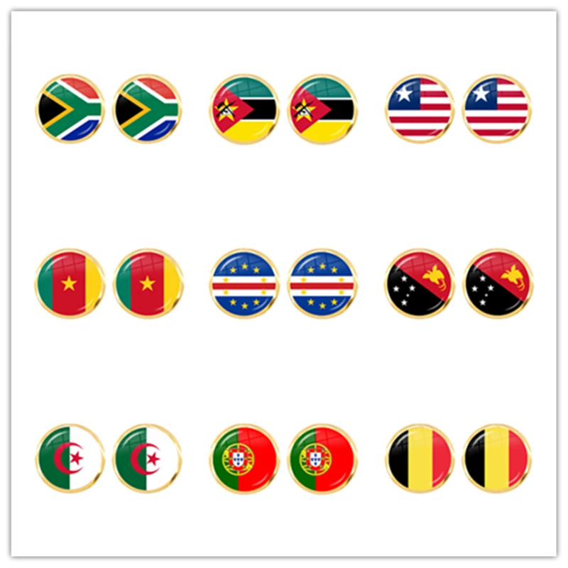 Женские серьги-гвоздики с национальным флагом Южной Африки, Мозамбиком, Liberia, Камеруном, Кабо-Верде, Papa New Guinea, Algeria, Belgium, Portugal