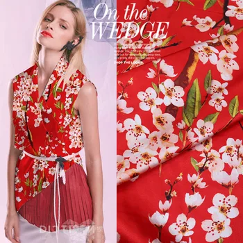 

Red bottom plum blossom silk stretch section printed fabric for satin dress ткань для шитья telas tela tissu sewing tissus ткани
