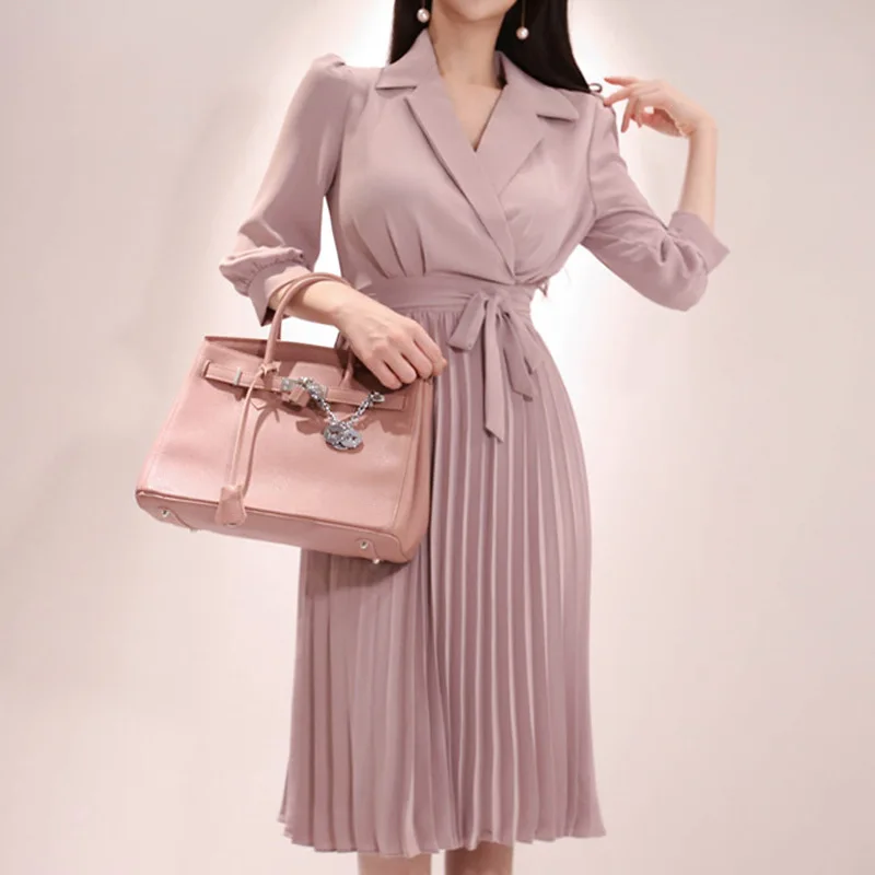 

2019 New Style Korean-style WOMEN'S Wear Elegant Fold-down Collar Lace-up Waist Hugging Slimming Pleated Long Dress