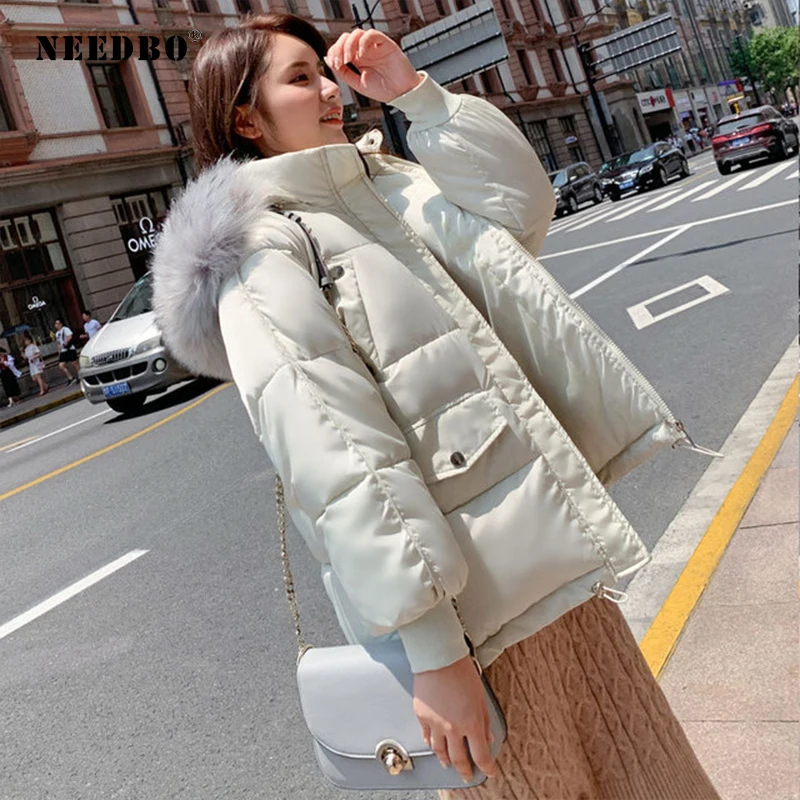 Beste NEEDBO Down Jas Winter Oversize Bontkraag Womens Donsjacks ultra Licht vrouwen Donsjack Kap Winter Jas Jas Neer