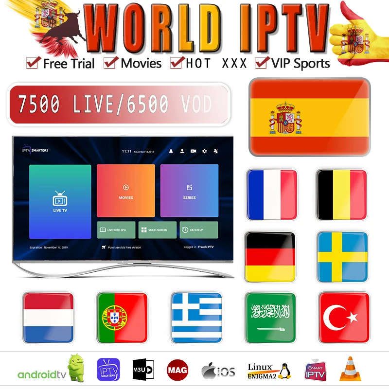 1 год Европа США Великобритания Бразилия Польша Испания французский IPTV подписка 7500+ Live Франция HD IPTV M3u Enigma2 vod спорт для взрослых бесплатный тест
