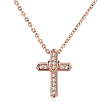 

Fashion 14KRose Gold Necklace Jewelry Women Cross CZ AAA Zircon Stone Pendant Necklace Prayer Chain Choker Collar Christmas Gift