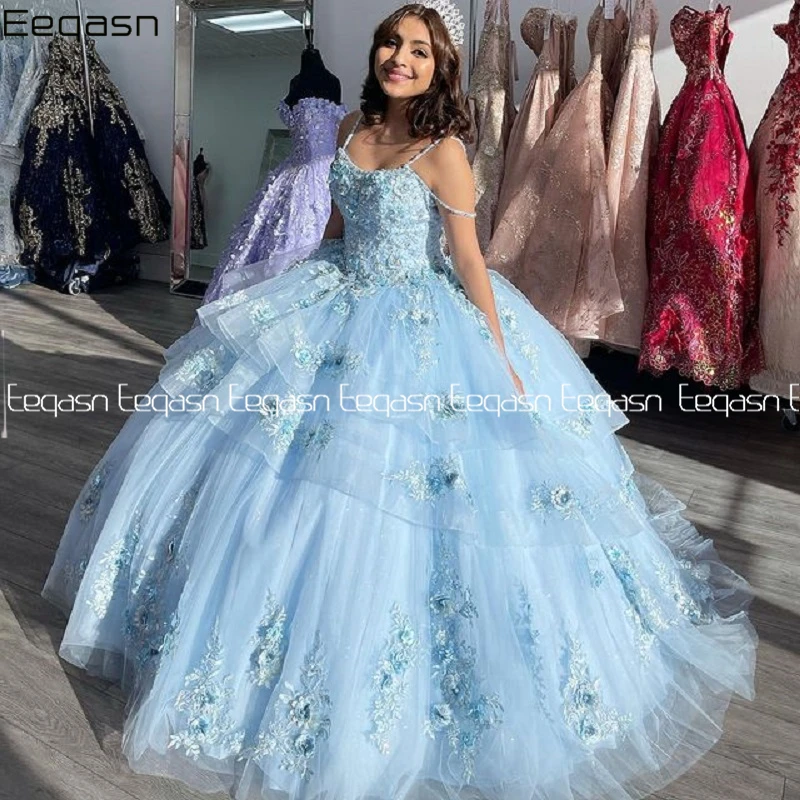 Light Blue Ball Gown Quinceanera Dresses Lace Applqiues Spaghetti Strap Sweet 16 Prom Dress Party Wear Bridal Boutique images - 6