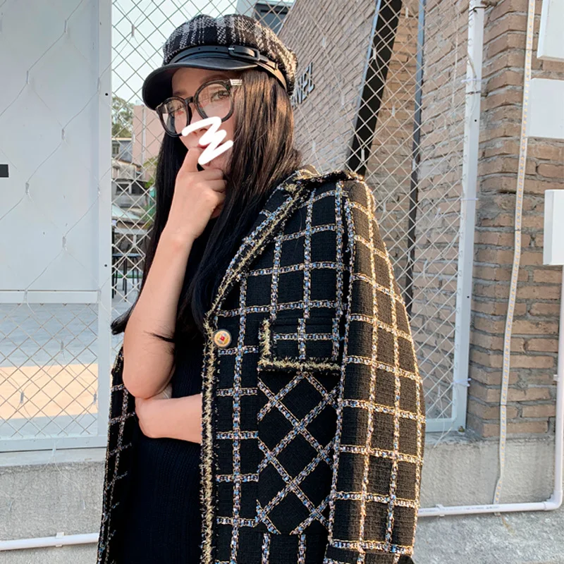 

2019 Autumn Winter New Small Fragrance Wind Tweed Coat Women Plaid Short Black Woolen Coat Black Jackets Women