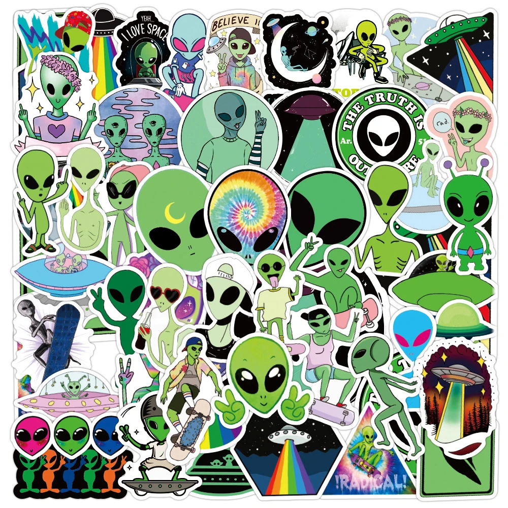 

50Pcss Green Alien Stickers for Car Laptop PVC Backpack Home Decal Pad Bicycle Waterproof Decal Sticker Toys