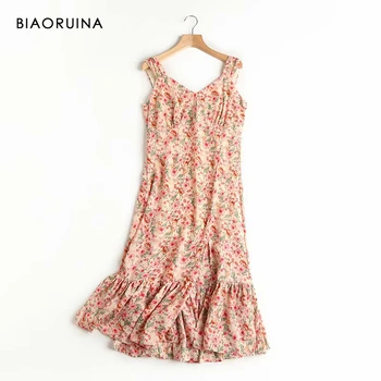

BIAORUINA Women's Vintage Sleeveless V-neck Floral Printed Long Dress Side Zipper Female Chiffon High Waist Sweet Dress Vestido