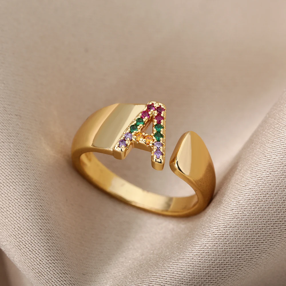 Adjustable Initial Letter Couple Rings Multicolor Zircon Gold Color