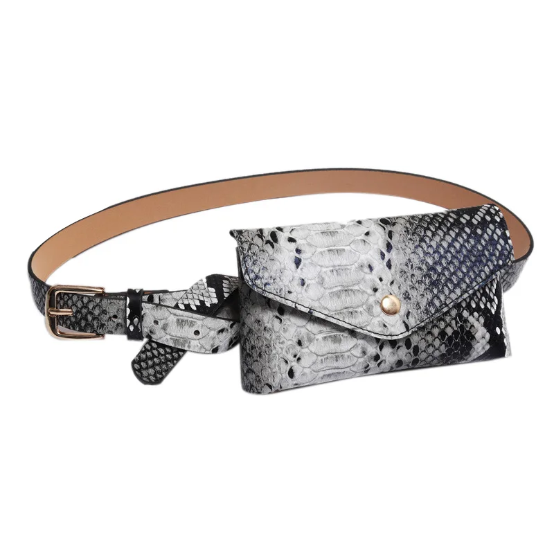 

NEW-Women Fanny Pack Vintage Serpentine Waistpack Pu Phone Pouch Fashion Snake Skin Waist Bag Messenger Bags Snake Gray