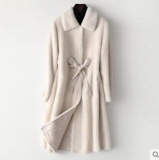 creamy-white Высокое качество Parker мех женщин Осень Зима поло воротник овечья стрижка куртка женские модные средней длины шерстяные пальто - Цвет: creamy-white