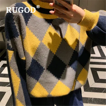 

RUGOD Autumn Winter New Style Chic Contrast Color Diomand Pattern Long Sweater Kawaii Kpop Clothes Plus Size Women