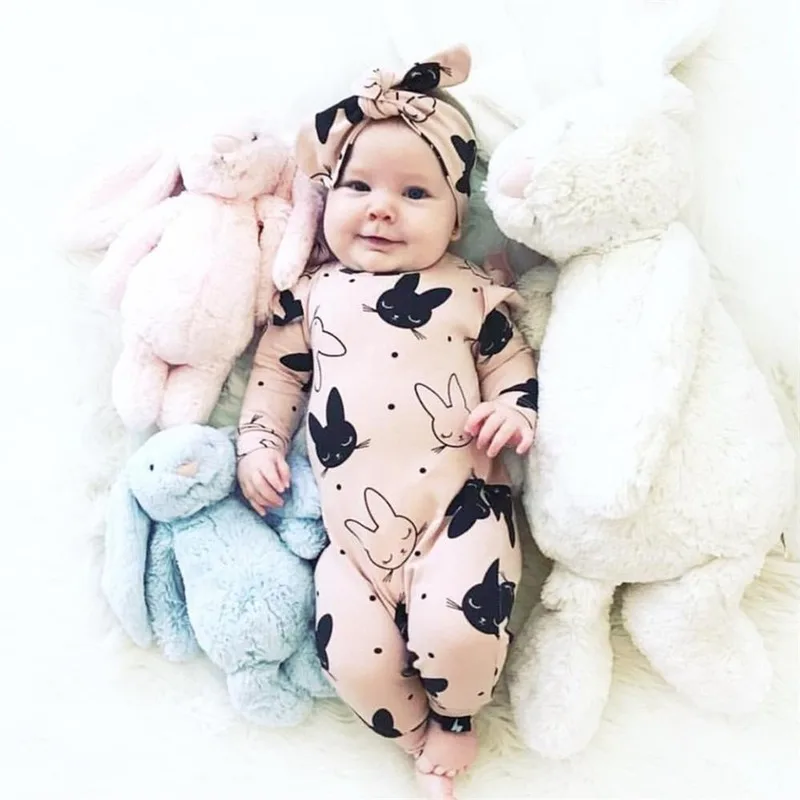 

2Pcs Baby Girls Romper Cartoon Rabbit Pattern Cotton Long Sleeve Jumpsuit+Headband Outfits Set Newborn Infant Clothes