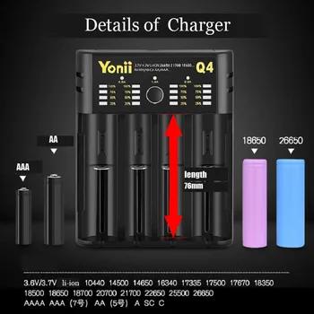 

yonii charger for 18650 rechargeable battery charger 3.7v charger for 14500 18500 18650 battery 4 slots charger for ni-mh 1.2v