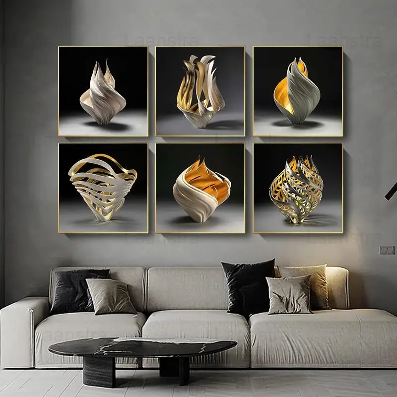 Modern Home Decor Golden Carving Square Poster Abstract Sculpture Wall Art Canvas Painting HD Print Wall Picture for Living Room