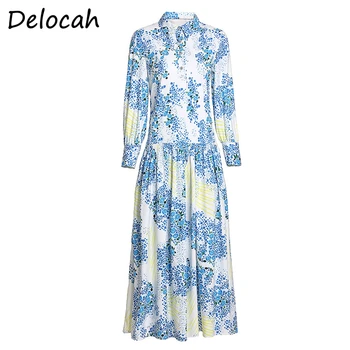 

Delocah Spring Summer Women Dress Runway Fashion Designer Lantern Sleeve Floral Printed Holiday Female A-Line Slim Dresses