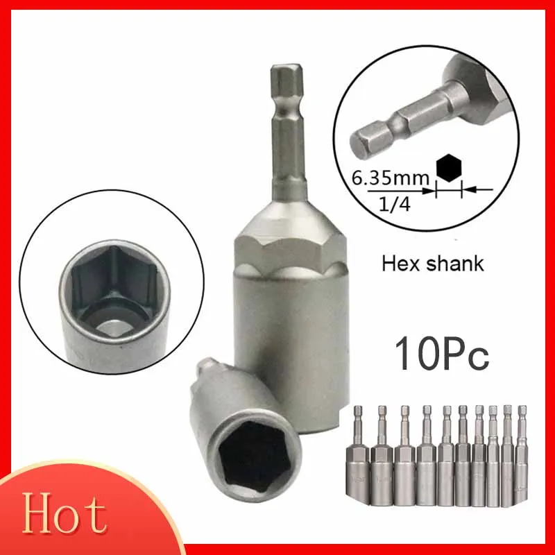 10pc 1/4 Inch Wrench Hex Bit Socket Set Deep Long 1/2 Inch Impact Drill