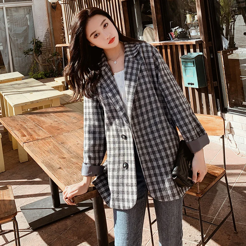 

Plaid Suit 2019 Spring New Style Korean-style Loose Retro Suit Mid-length Students CHIC Coat Women's Fashion