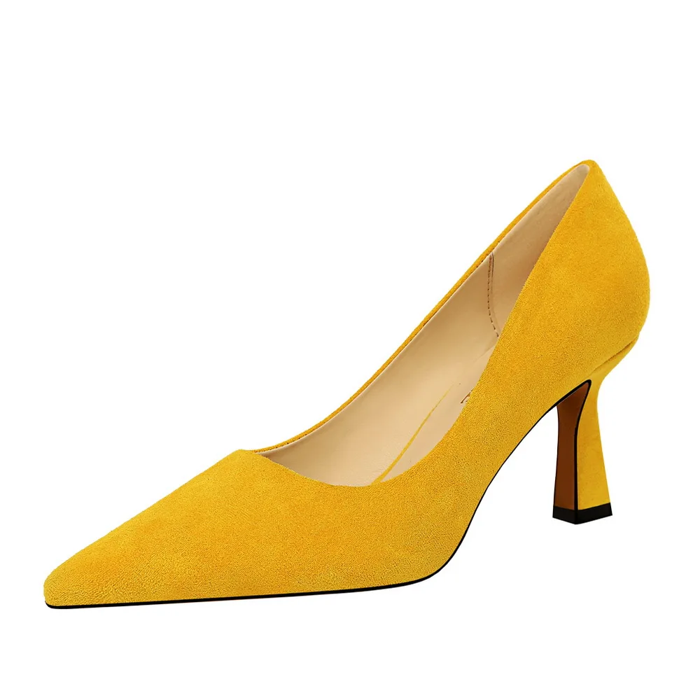 Обувь на высоком каблуке; женские туфли-лодочки с острым носком; офисные туфли-лодочки из флока; Повседневные слипоны; zapatos mujer; высокое качество; большие размеры - Цвет: Цвет: желтый