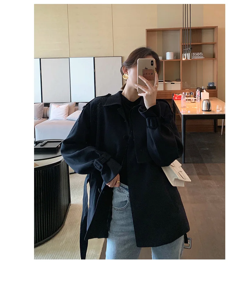 New Elegant Fashion Coat Women Short Blends Coat Jacket Female Korean Version Casual Short Loose Belt Coat Femme