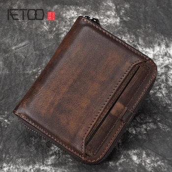 

AETOO Wallet man short head layer cowhide money Clip Men's retro wallet vertical zipper casual Youth small wallet