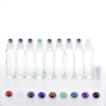 

Free shipping Cosmetic package 5pcs 10ml Gems Roll On Roller Glass Bottle For Perfume Essence Oil Eye Cream With Colored Lid