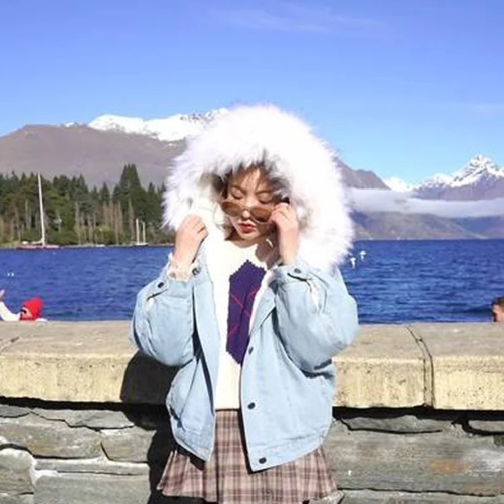 Джинсовая куртка женская 2019 новая зимняя с большим меховым воротником корейский