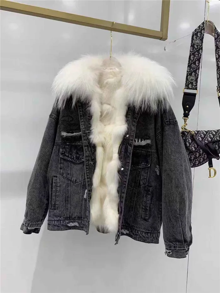 Джинсовая парка, пальто с натуральным мехом, зимняя куртка для женщин, воротник из натурального меха енота, подкладка из лисьего меха, свободная верхняя одежда