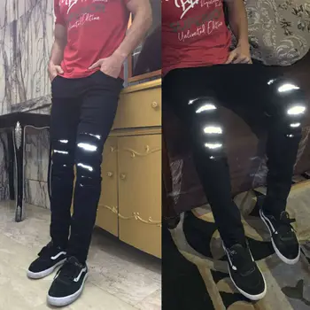

New Fashion Men Skinny Stretch Slim Fit Ripped Reflective Party Denim Jeans Pants Black Destroyed Frayed Trousers