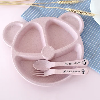 

3pcs Baby Bamboo Tableware Bowl Spoon Fork Feeding Food Dinnerware Set Cute Cartoon Panda Children Dishes Newborn Plates Pink
