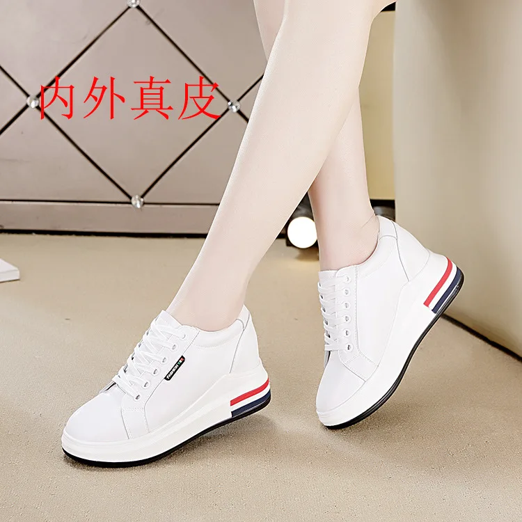 

2018 Genuine Leather WOMEN'S Casual Shoes Lace-up White Shoes Thick Bottomed Elevator Platform Women's Low-top Shoes Hot Selling