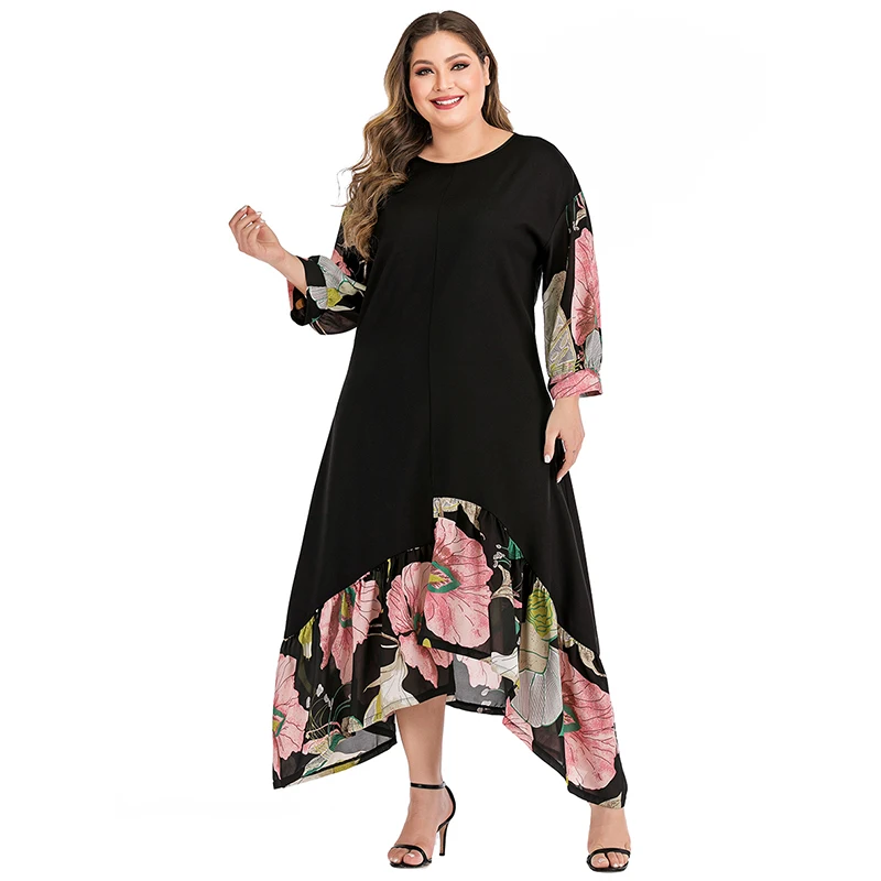 balck dress Siskakia, платье размера плюс, осень, модный принт, пэчворк, ассиметричный крой, миди платья, длинный рукав, о-образный вырез, повседневная женская одежда - Цвет: balck dress